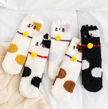 autumn/winter coral home floor socks women tube cartoon cat socks flannel cozy sleep fluffy socks