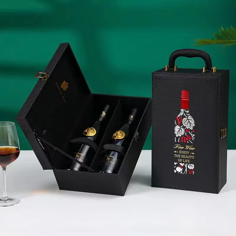 Luxury Red Lacquer Leather Double Bottles Gift Box Two Bottles Wine Box