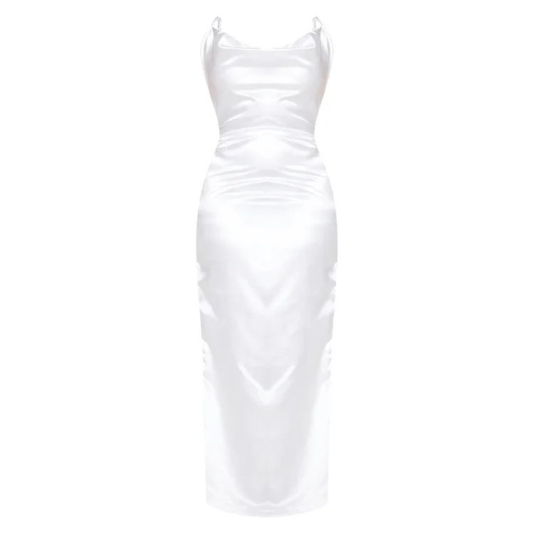 Elegant White Satin Spaghetti Strap Dress with Cowl Neck