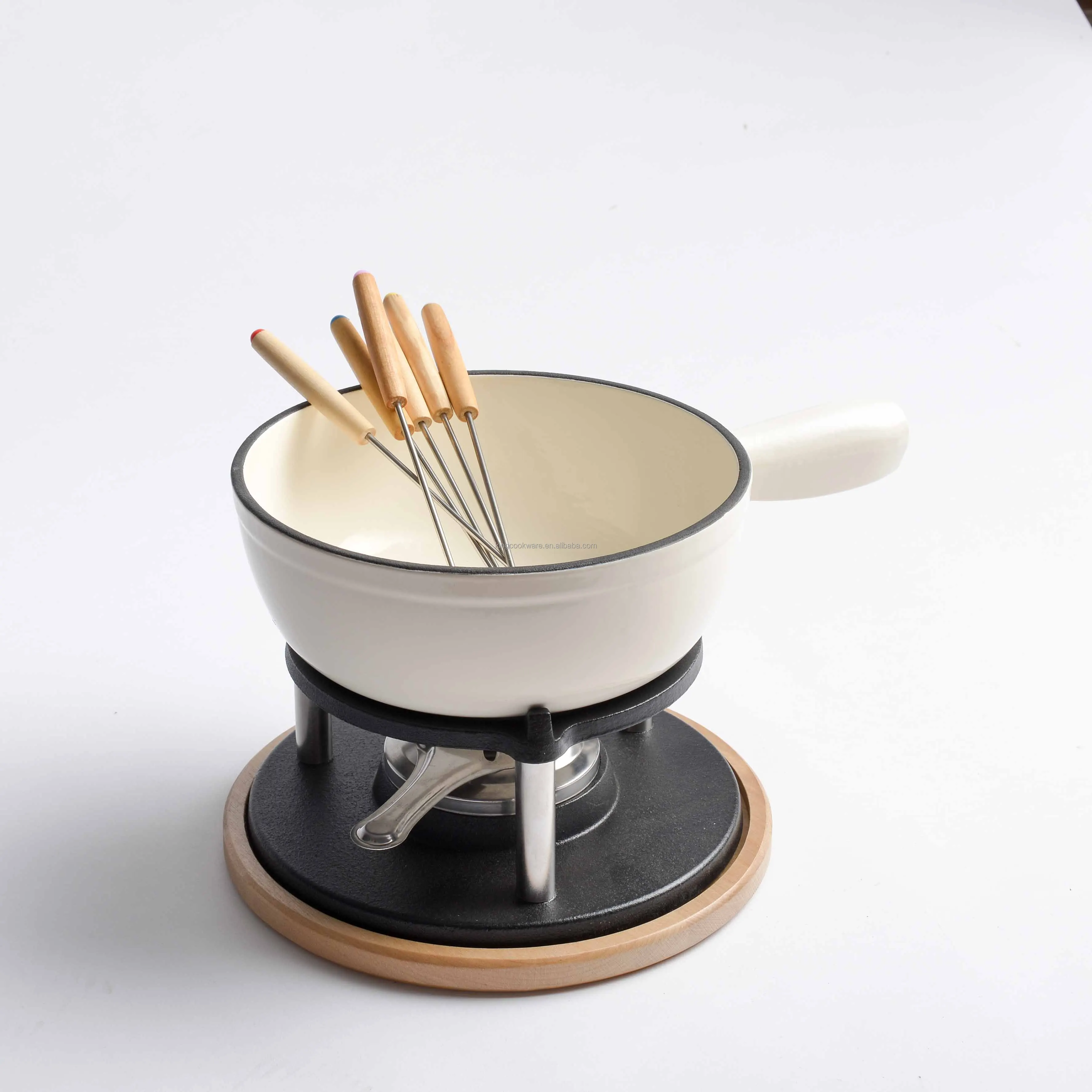 Enamel Cast Iron Fondue Set Cheese Chocolate Fondue Set With Wooden Base