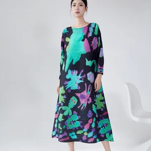 2024 Miyake Design Casual Long Skirt Pleated Dress Women Elastic Stretch Shirt Dress Spring Printed Fashion Adults Autumn