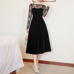 ZYHT 21881 Dresses Women Lady Elegant Black Velvet Midi Dress with Lace Illusion Neckline Long Sleeves Rhinestone