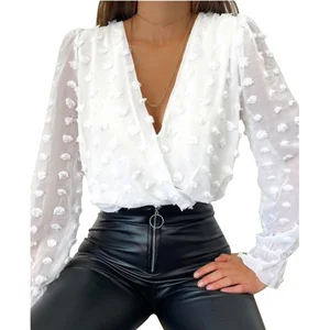 Women's Summer Breathable Deep V Neck Long Sleeve Solid Color Jacquard Shirt Casual Blouse