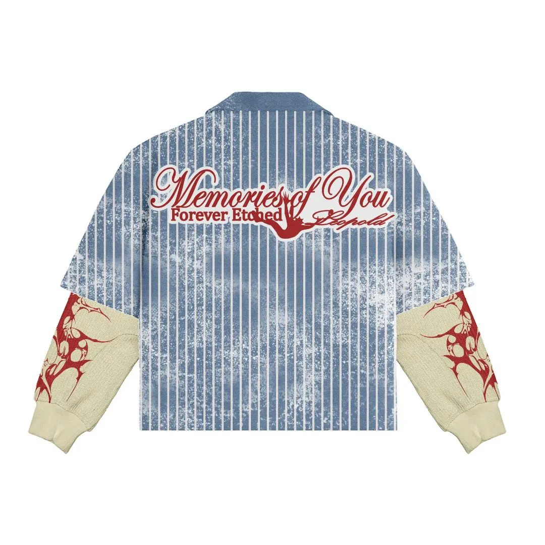 Salati Vintage Stand Collar Stripe Printed Button Boxy Cropped Oversized Full Acid Wash Double Layer Long Sleeve Men's T-shirts gallery 2