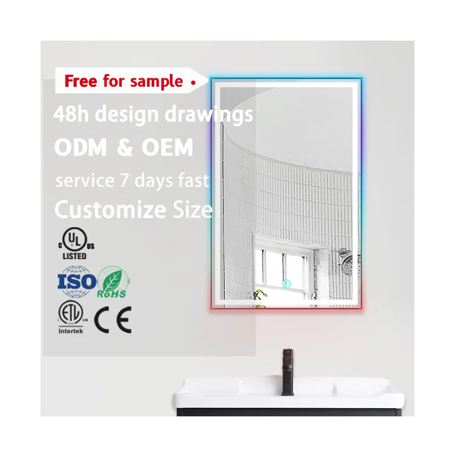 Modern Five Colour RGB Flexible Light Wall Mount Bath Mirror Strip Anti-Fog Smart Touch Screen Led Bath Mirrors