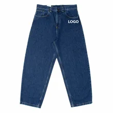 Dark Blue Stone Washed Denim Baggy Pants Customize Thread Rhinestones with Printing Patch Embroidery Barrel Wide Leg Denim Jeans