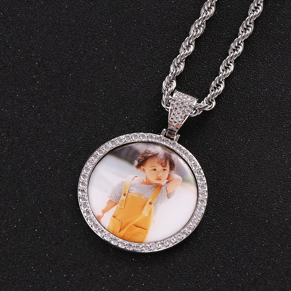 Meaningful Custom Made Photo Round Medallions Cubic Zircon  Stones Pendant Necklace Hip Hop Jewelry for Men Women