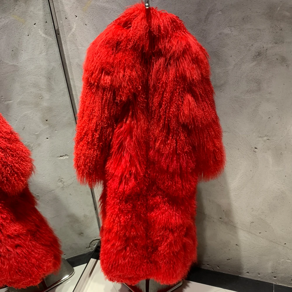 ムートン・ファーコート MOLLIOLLI CERA Two Way Heavy Fur Coat Red Winter Mongolian Long Fur Coat - Bright Red Sheep Fur