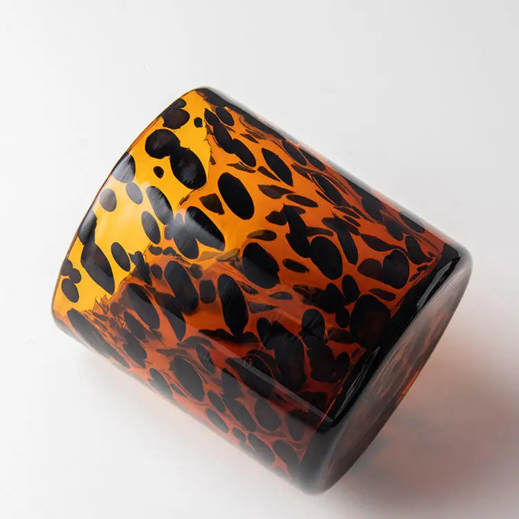 Hand Blown Cylinder Glass Candle Holder Colorful Brown Leopard Animal Print Tortoise Shell Glasses Design for Christmas Decor