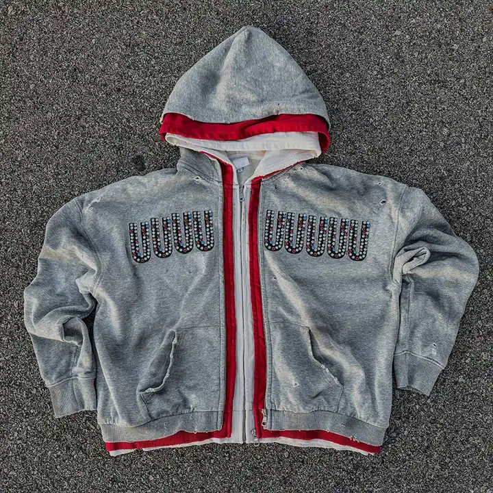 Wholesale Custom Streetwear Double 3 Zipper Acid Wash Vintage Baggy Boxy Rhinestone Triple Layer Zip up Hoodie for Men gallery 3