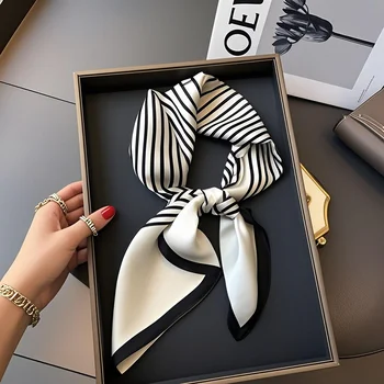 2025 Women Luxury Customized Decorative Striped Silk Scarfs Elegant Satin Fashion 70Cm * 70Cm Hair Square Scarf