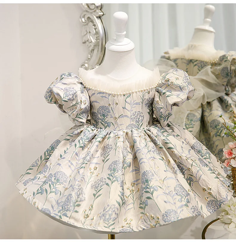 Spanish retro court girls dress new baby girl bubble sleeve Jacquard princess dress baby 1st birthday party baby bow tutu dress