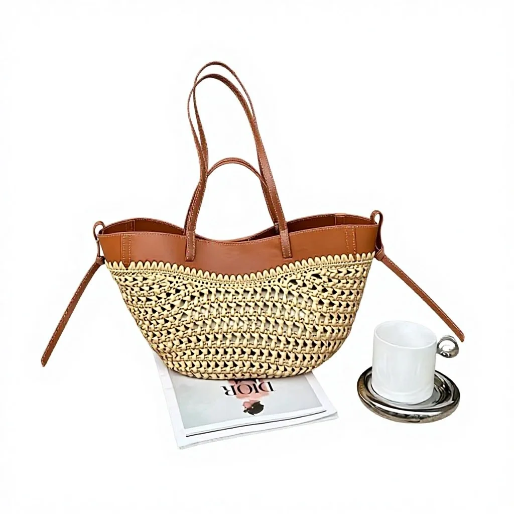 Seaside Vacation Straw Bag Large Capacity Woven Tote Bag Portable Single Shoulder Vegetable Basket Handbag