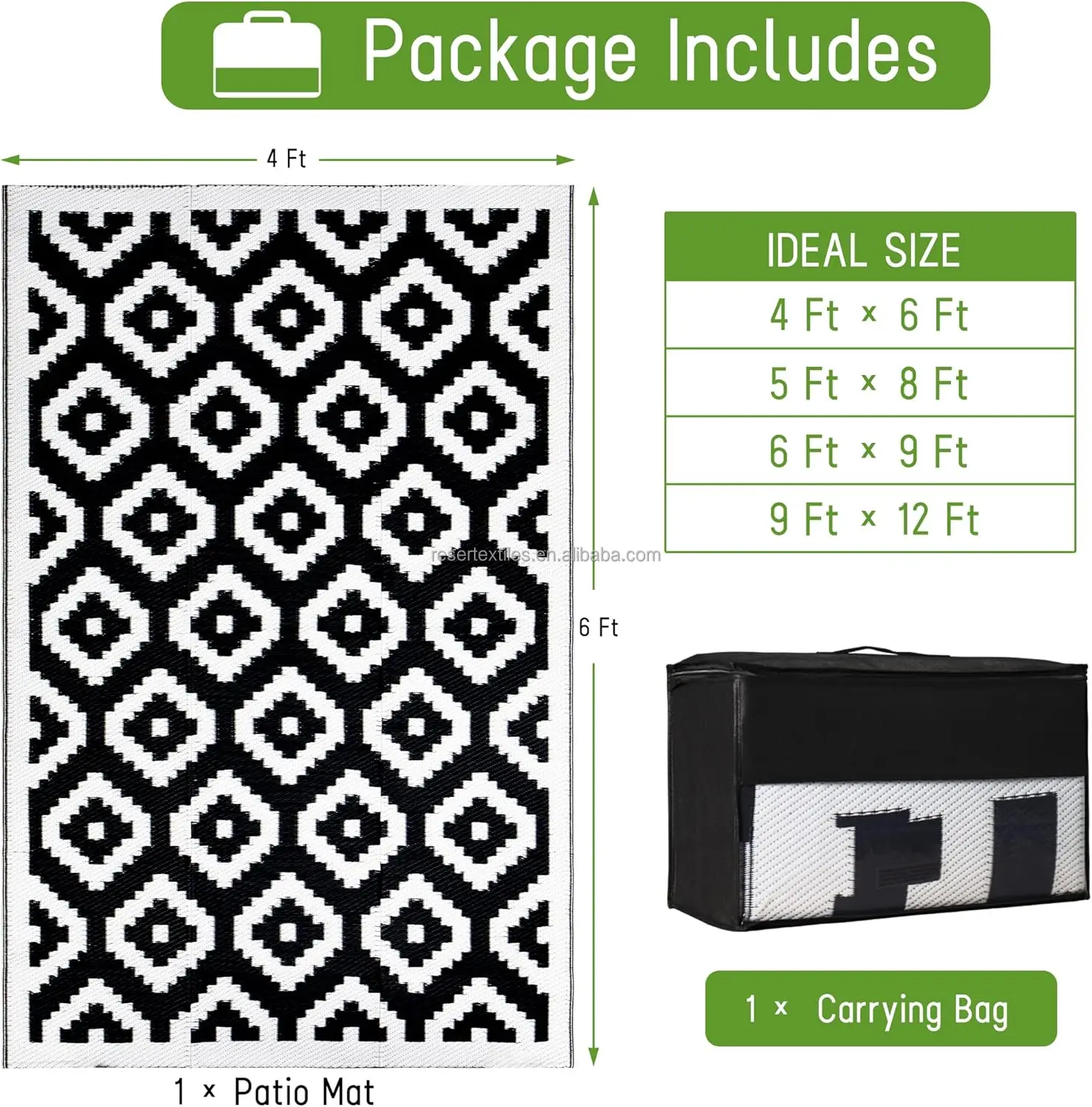 Waterproof Foldable Reversible Patio Area Rug for Outdoor RV UV Resistant Eco-Friendly Portable Plastic Mat for Picnic Deck