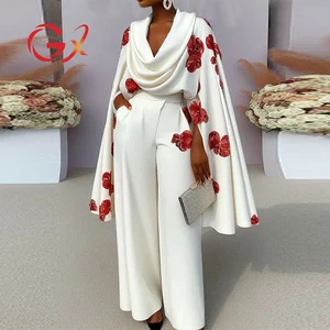 GX18012  Fashion Spring Clothing Vendor Sexy Street Wear Long Split Unique Sleeve Printed Irregular Tops and Pant 2 Piece Set