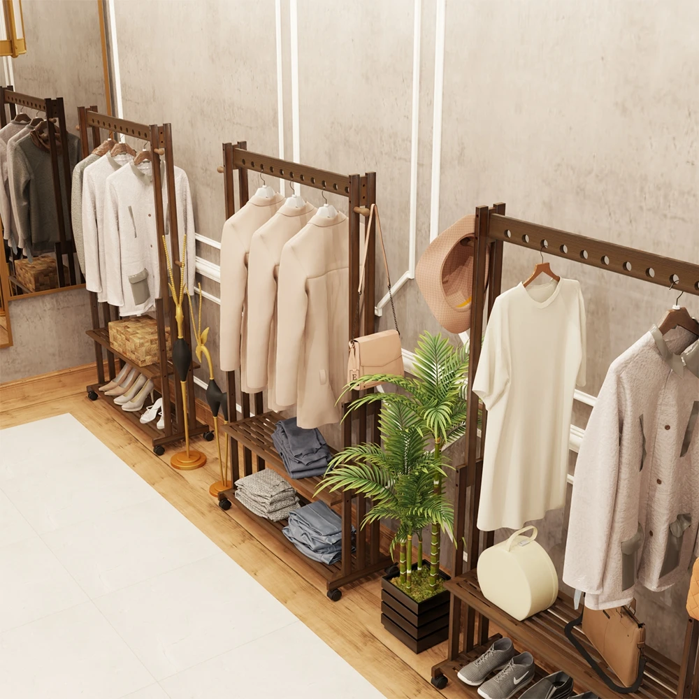 Unho Bamboo Clothes Rack Stand: Wooden Clothing Hanging Rail Garment Coat  Stand Open Wardrobe with Storage Shelves for Bedroom