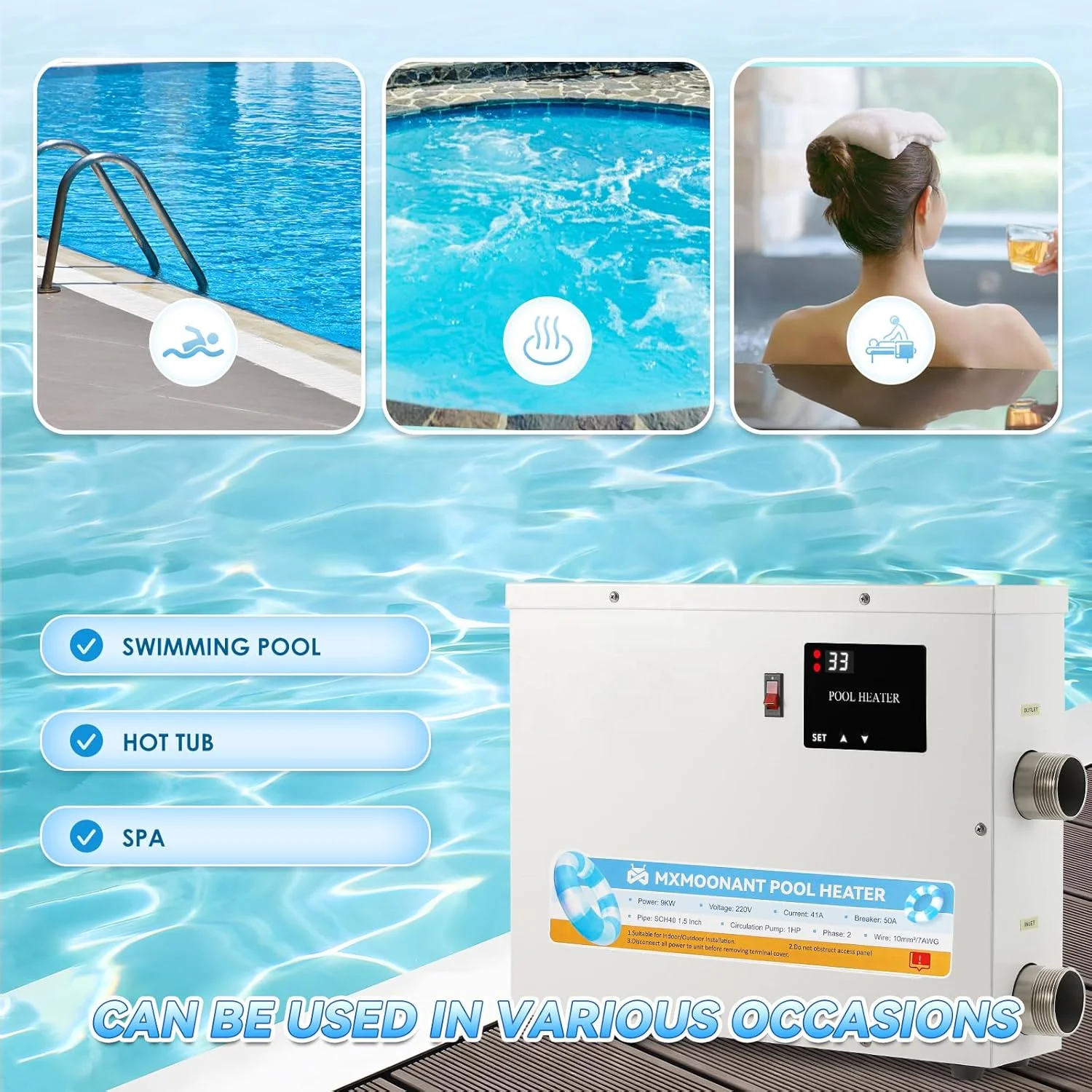 11KW 220V Electric Swimming Spa Heater Hot Tub Water Thermostat with Touchscreeen for Above Ground Inground Pool Spa Bathtub
