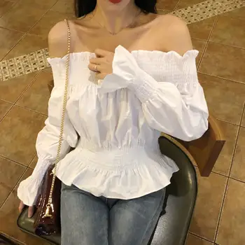 Korean fashion white women square neck solid elastic puff sleeve blouse tops
