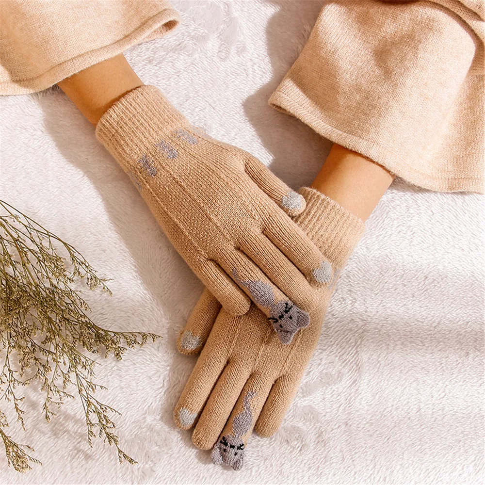 Vintage Christmas Deer Knitted Gloves Women Thicken Touch Screen Gloves Winter Warm Snow Full Finger Mittens Xmas Gift Women Fin