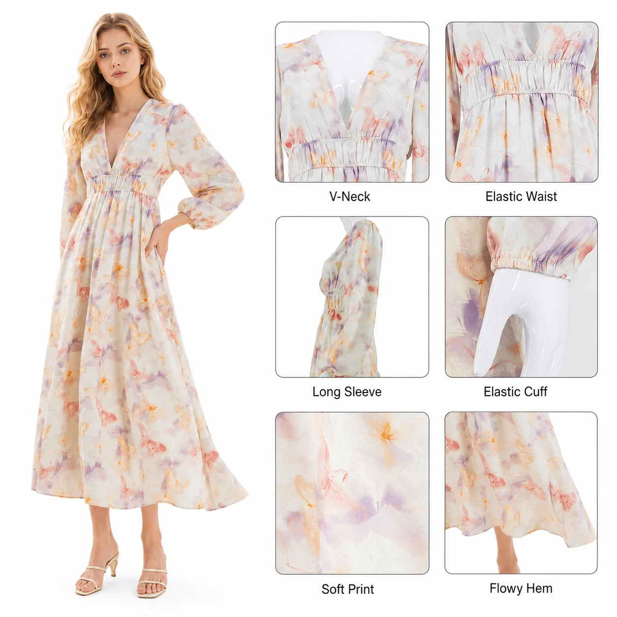 Women's Long Blouson Sleeves Dress with Pleated Waistband V-Neck and Floral Pattern Printed Tied Cuffs Woven Floral Design