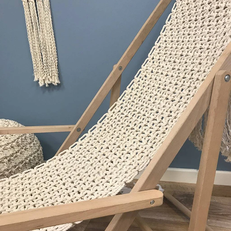 Boho Style Macrame Portable Beach Chair Cotton Rope Hand Woven Wooden Foldable DIY Deck Sling Chair with Tassels