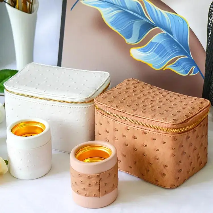 PU Vegan Ostrich Pattern Leather Beauty Cosmetics Organizer Toiletry Bag Vanity Case Makeup Bag for Scented Candle