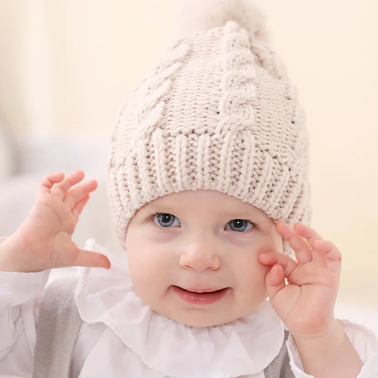 Kids wool ball pullover hat autumn and winter infant warm solid color knitted hat 5 colors