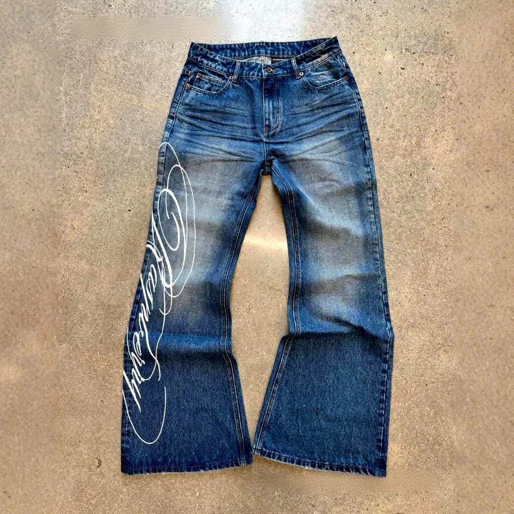 Fashion High Street Retro Harajuku Blue Printed Denim Mid Waist Y2K Straight-leg Jeans