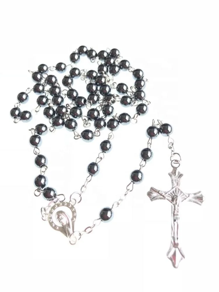 6mm Religious Hematite Rosary Catholic Chain Necklace with Zinc Alloy Jesus Pendant