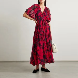 Clothing Manufacturer Custom Spring Summer Red v Neck Short Sleeve Layered Print Chiffon Women Elegant Casual Maxi Dress
