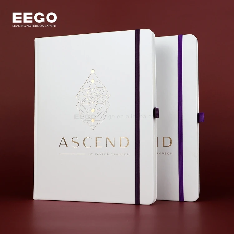 Custom A4 PU Leather Bound Journal 8x11 Note Books with Gold Logo Personalised White Notebook Elastic Band Pen Printed Style