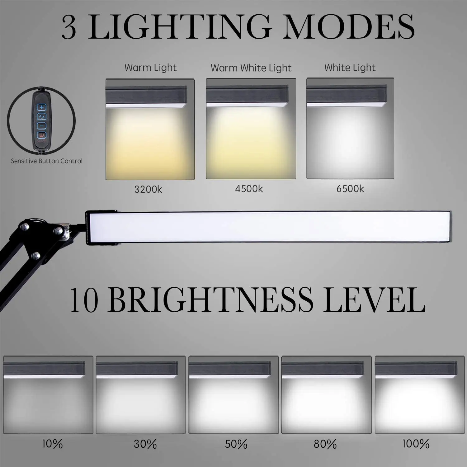 LED desk lamp with metal swing arm and fixture, dimmable architect task lamp, 3 color modes and 10 adjustable brightness