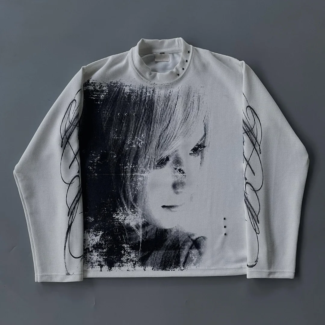 Přizpůsobitelný pánský dlouhý rukáv z 100 % bavlny ve stylu streetwear, pletenina typu waffle, 300 GSM, těžký model, digitální potisk DTG / kovové knoflíky