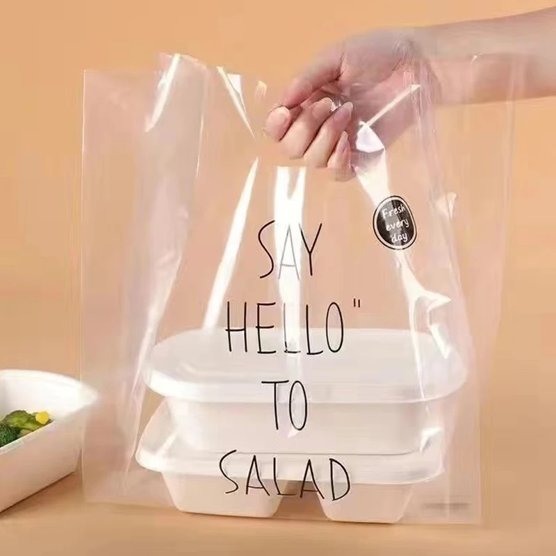 Custom Logo Printed Transparent PE Plastic Bags Fruit Vegetables Food Packaging PLA PE Pouch Takeaway Packaging Bags with Handle details