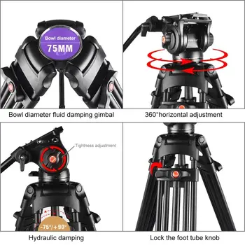 PULUZ Professional Heavy Duty Video Camcorder Gimbal Aluminum Alloy Tripod with Fluid Drag Head for DSLR / SLR Camera Tripods detail image