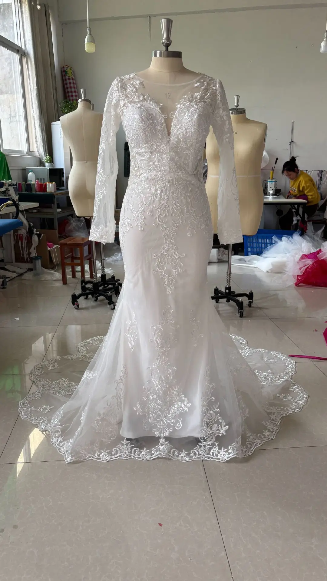 wedding dress mermaid lace with sleeves Lace Illusion Sleeve Queen Anne Neck Mermaid Wedding Dress