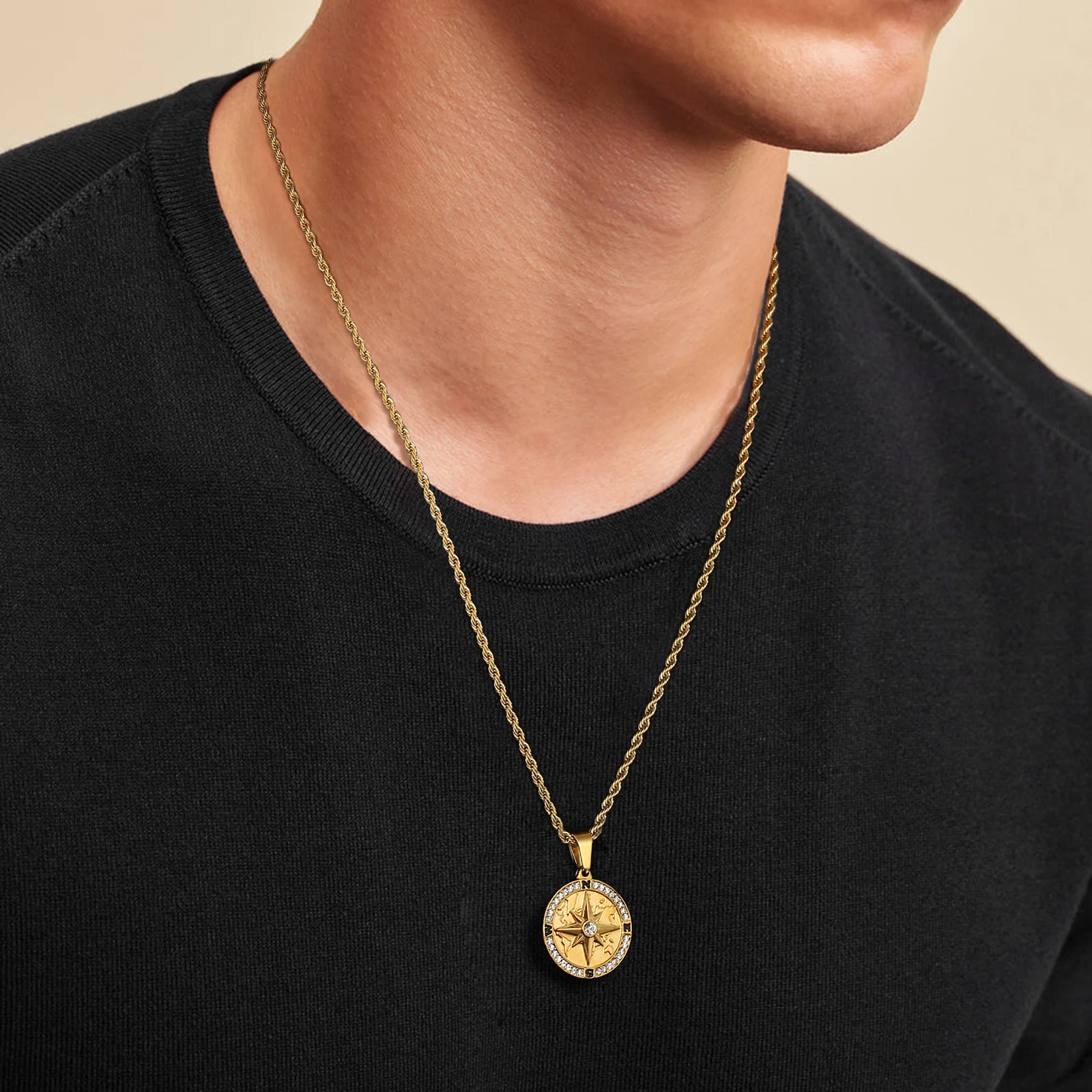 Gold North Star Compass Jewelry 18K Gold Plated MENS Coin Pendant Rope  Chain Silver Diamond Compass Charm Women Pendant Necklace