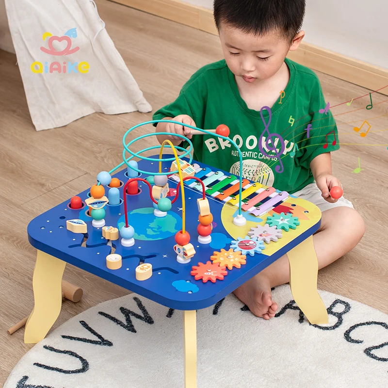 Qiaike 5 In 1 Multifunction Busy Board Montessori Activity Sensory Toy Wooden Bead Maze Table For Kids Educational Toys