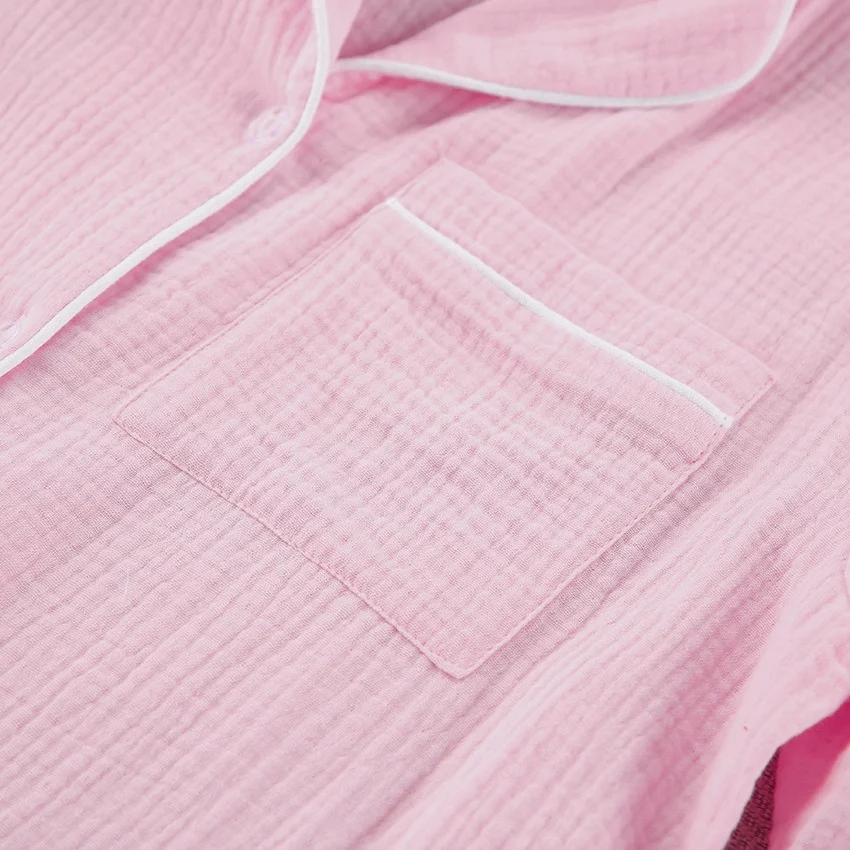 Women Washed Crinkle Cotton Gauze Pajama Set Notch Lapel Long Sleeve Shirt Lounge Shorts Custom Embroidery Summer Sleepwear — detail