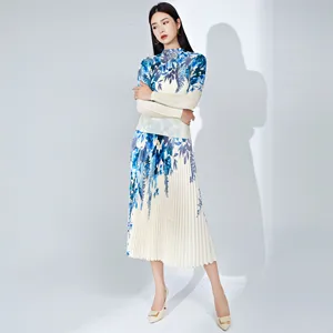 Pleated Long-Sleeved T-Shirt Summer Turtleneck Top Casual Style Printed Long Pleated Skirt Two Piece Set Women Clothing