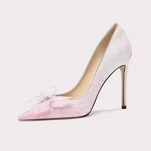 Hot Sale Women High Heel Graceful Pearl Bow Satin Bridal Shoes Lady pink Lace Wedding Party Shoes