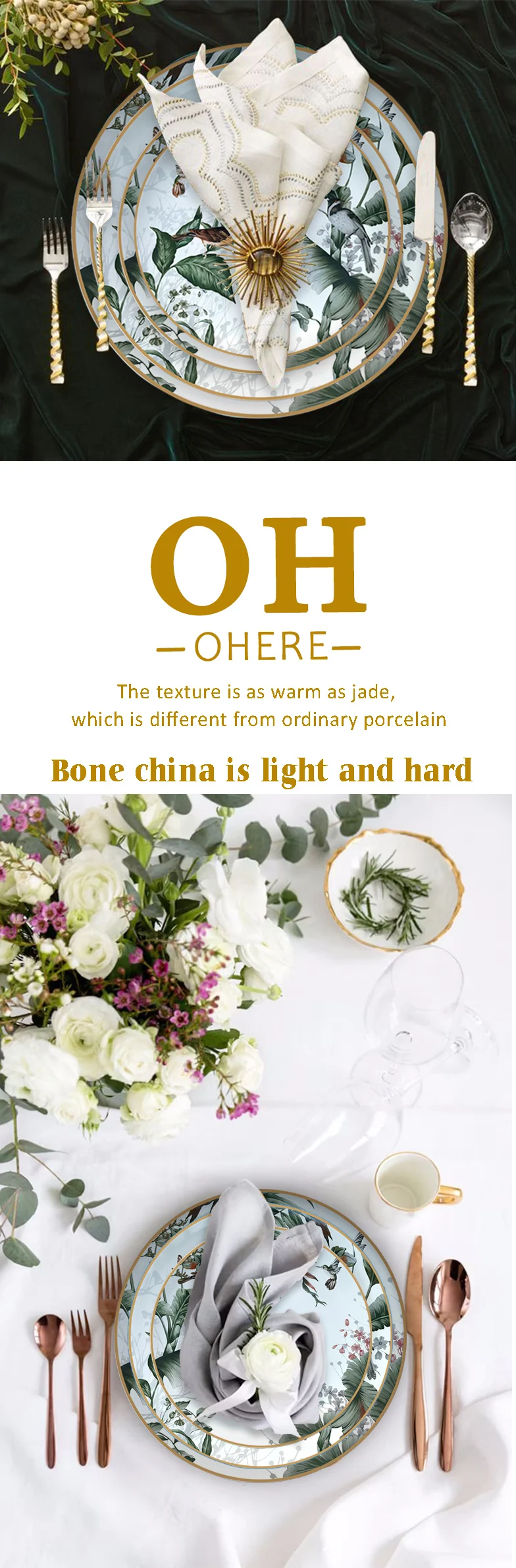 Ohere Latest Customized Green Fine Bone China Dinner Set Wedding Lovely