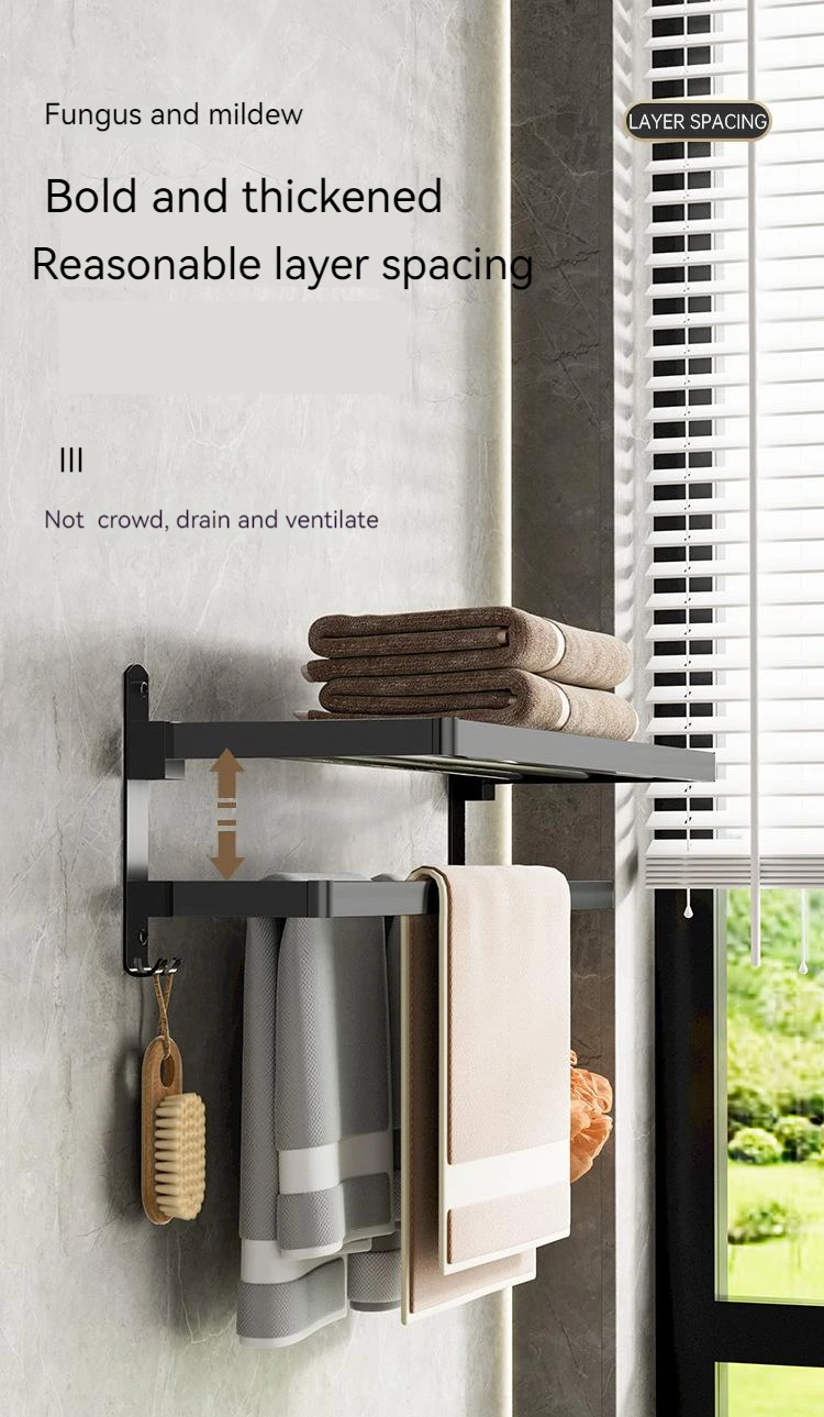 Black Steel Punchfree Shelf Bathroom Folding Holder Wall Hanging Rack