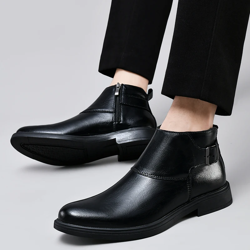 Pointed Toe Zipper-up Men's Chelsea Boots - Genuine Cow Leather