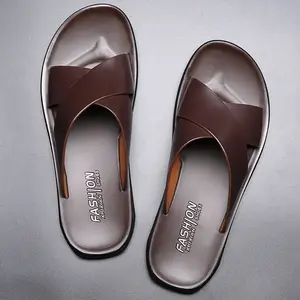 Summer New Outdoor Leisure Wear Men's Cow Two-Layer Leather Korean Style Fashionable Non-Slip Slides Beach Sandals