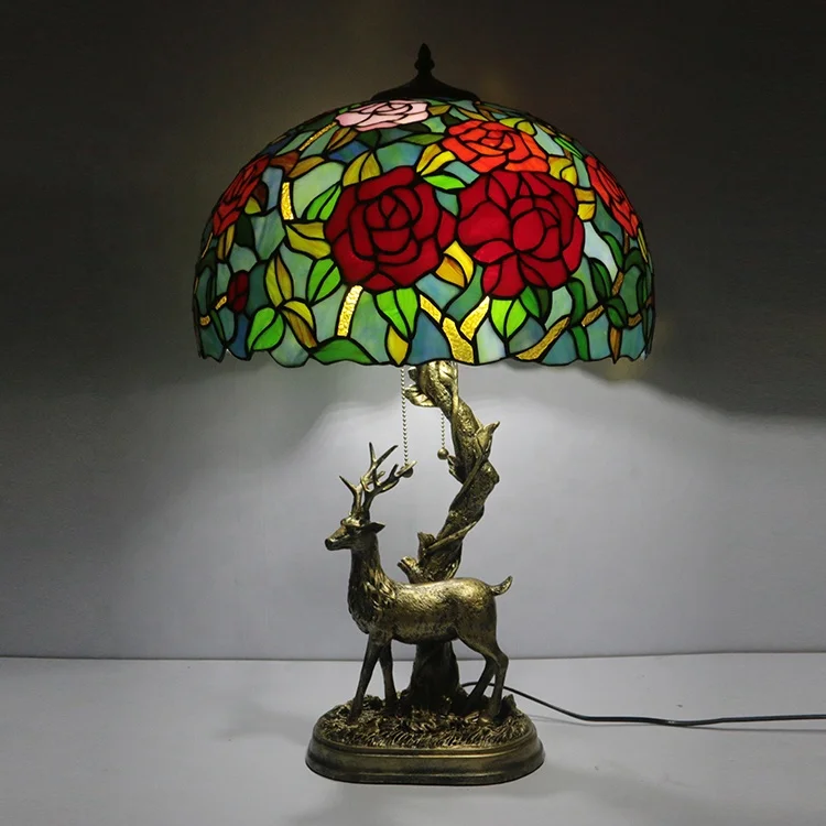 LongHuiJing 16Inch Large tiffany Table Lamp Rose Flower Stained Glass Lampshade With Deer Resin Base