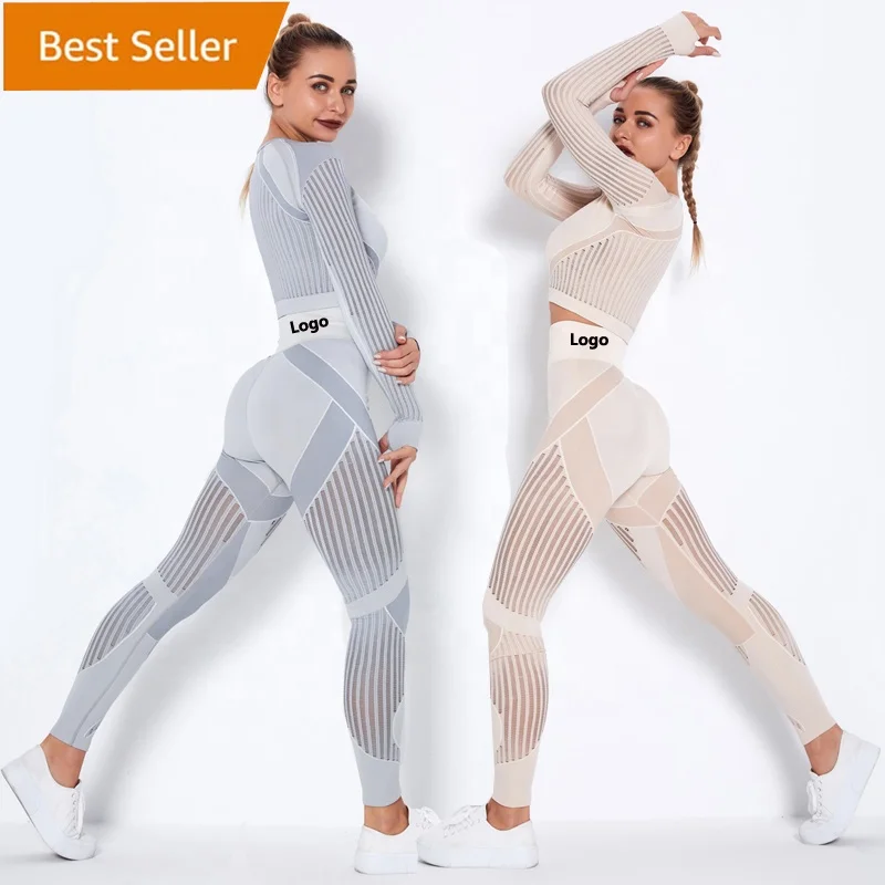 Women 2PCS Seamless High Waist Fitness Tracksuit Workout Long Sleeve Top  Seamless Yoga Clothes Push up Butt Sport Leggings Set
