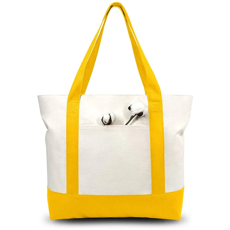 Custom with Logo Printing Blank Plain Pocket and Zipper Shoulder Handle Extra Large Shopping Cotton Canvas Tote Bags