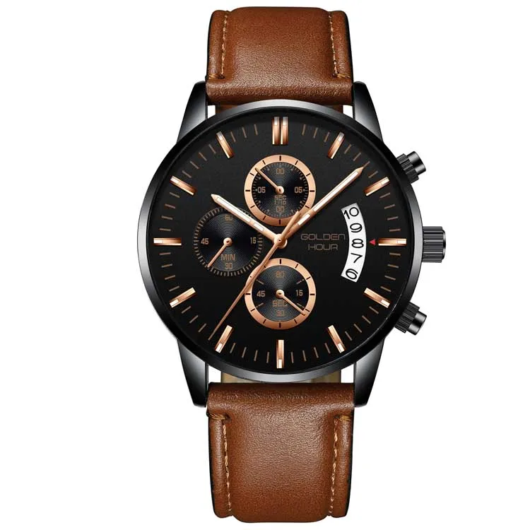GOLDEN HOUR GH125-L fashion Brown unisex quartz watch vive PU leather band 3 dials calender Concise outdoor watch company