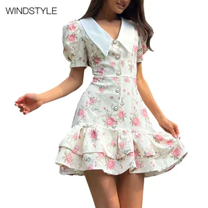 OEM/ODM French V-Neck Satin Dress Bubble Sleeve Floral Print Waist Skirt Ruffled Design Elegant Daily Summer Wear Breathable